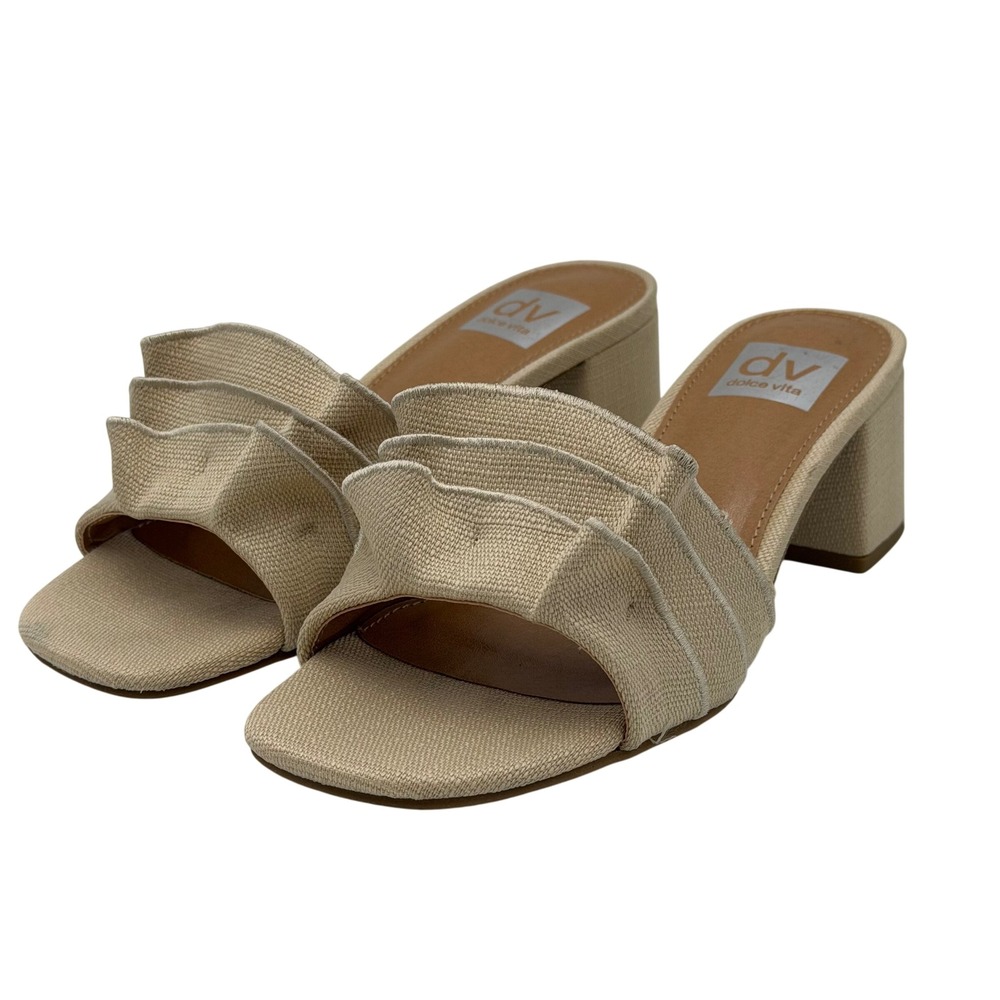 DV Dolce Vita Linnen Beige Ruffle Block Heel Sandals Womens Sz 7 Square Open Toe